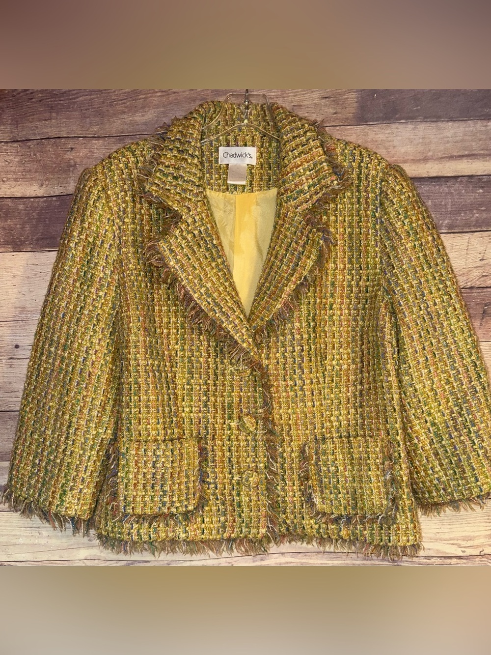 Chadwicks Green-Yellow Tweed Fringe Blazer